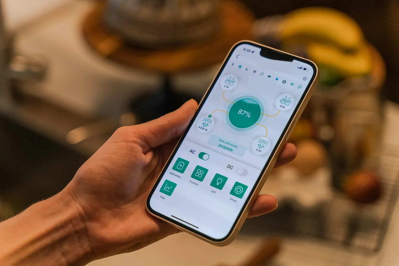 Hand hält ein Smartphone mit App, die den Ladestand des Stromspeichers mit 87 Prozent anzeigt (Offenburg, Ortenaukreis)